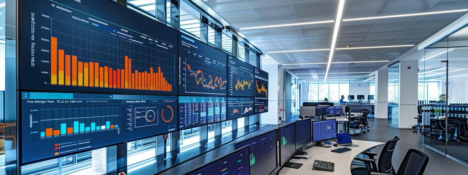 a modern office workspace filled with high-tech displays showcasing real-time dashboards of key performance indicators for secure devops integration, illuminated by sleek overhead lighting.