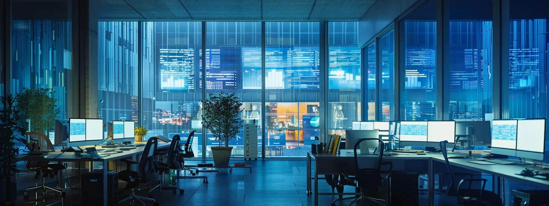 a modern office workspace is illuminated with dynamic, high-tech screens displaying real-time security analytics, emphasizing the contrast between traditional security models and the innovative, layered defenses of zero trust architecture.