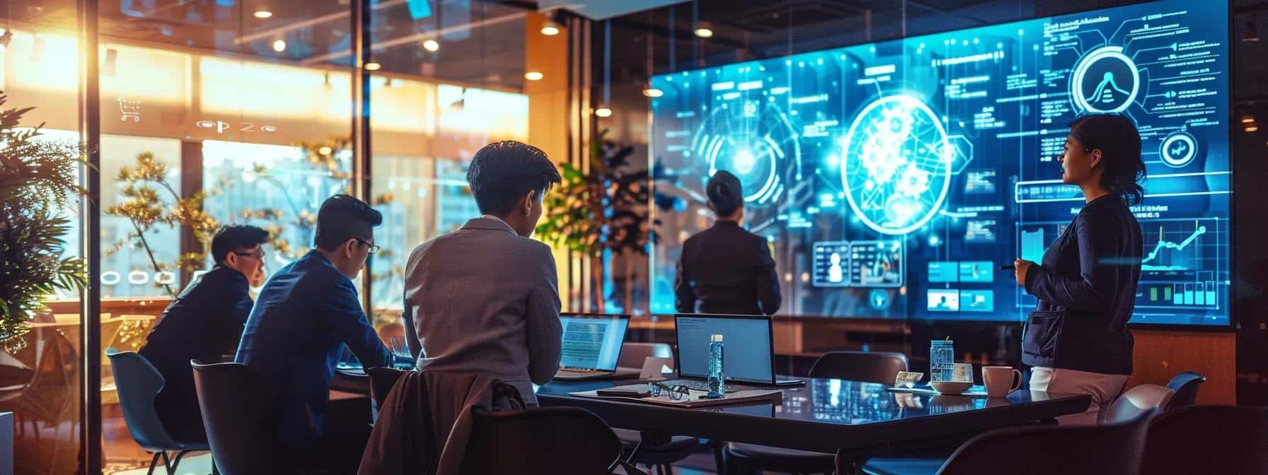 a modern, well-lit office space showcases a team of professionals engaged in an intense discussion around iot security compliance, with digital screens displaying complex data analytics and regulatory frameworks in the background.