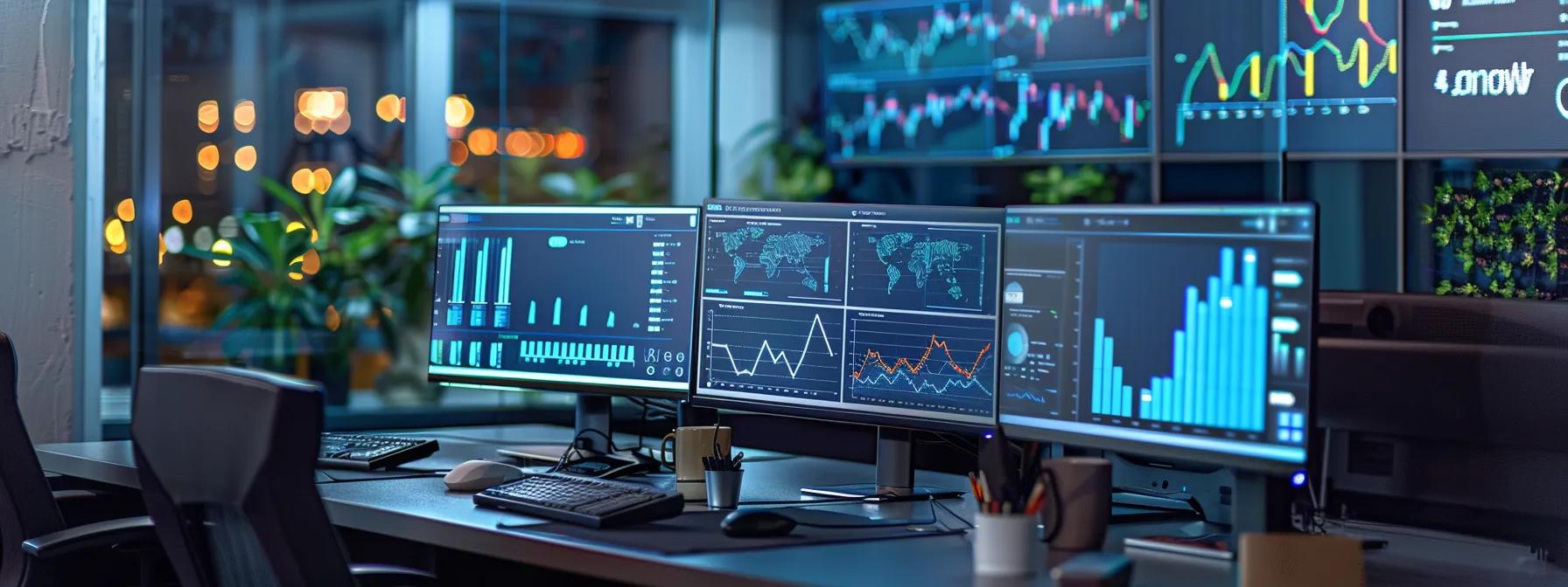 a sleek, high-tech office environment features multiple computer screens displaying real-time user activity analytics, security graphs, and alerts, symbolizing a robust insider threat detection framework in action.
