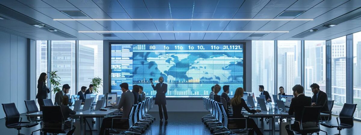 a sleek, modern conference room featuring a large digital screen displaying a detailed incident response plan, surrounded by engaged professionals discussing strategies in a well-lit, corporate environment.