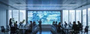 a sleek, modern conference room featuring a large digital screen displaying a detailed incident response plan, surrounded by engaged professionals discussing strategies in a well-lit, corporate environment.