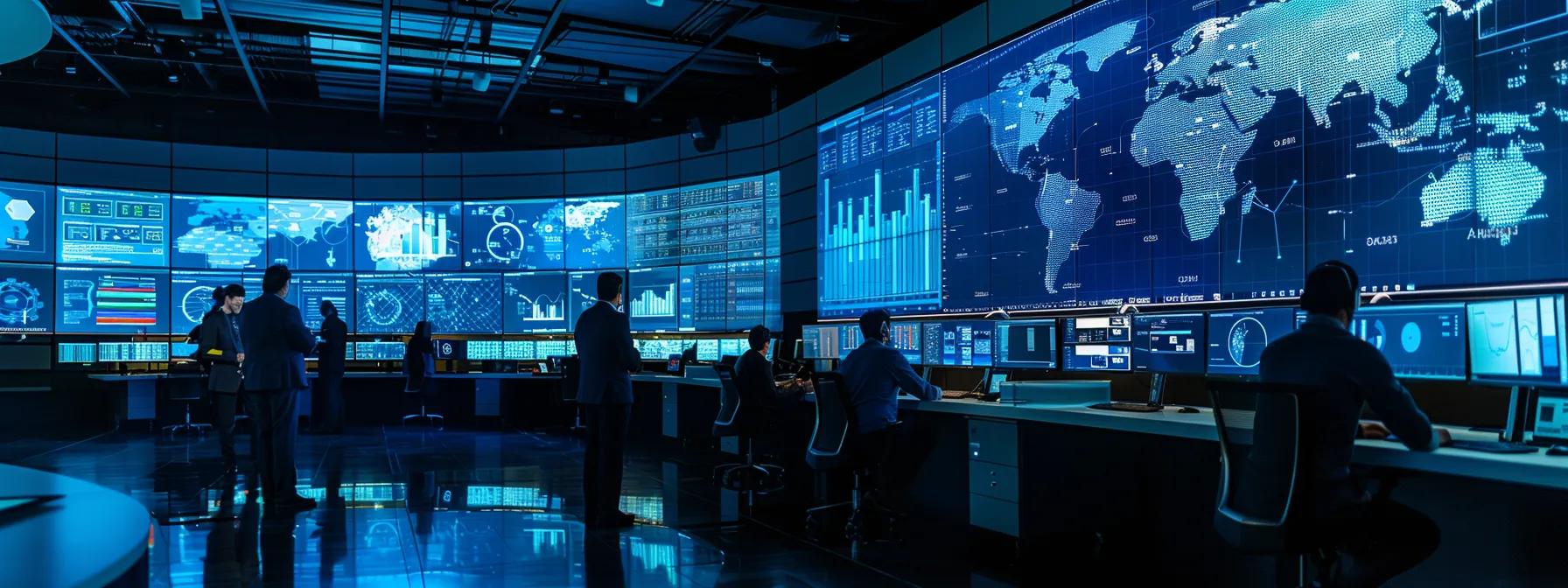 a sleek, modern cybersecurity operations center illuminated by vibrant screens displaying real-time threat data, depicting analysts engaged in strategic discussions to swiftly mitigate potential cyber threats and enhance system resilience.