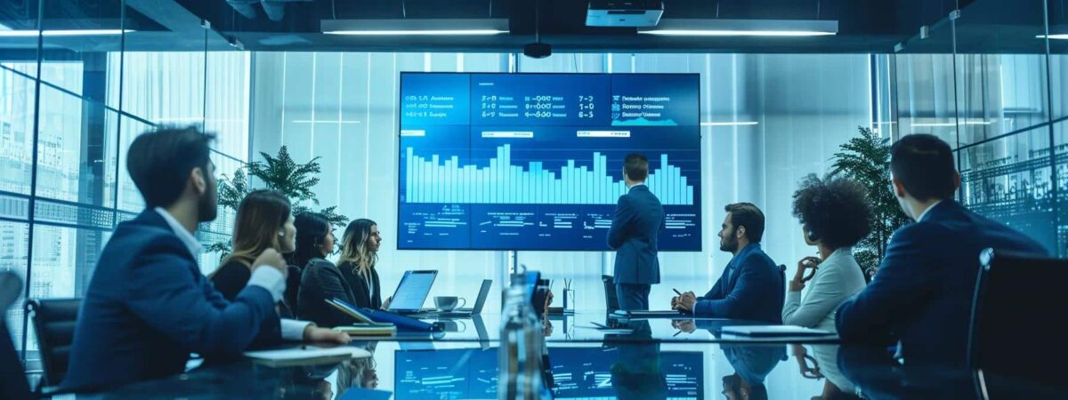 a sleek, modern office conference room showcases a diverse team engaged in a focused discussion, surrounded by digital screens displaying vendor evaluation metrics, emphasizing the critical importance of third-party risk management.