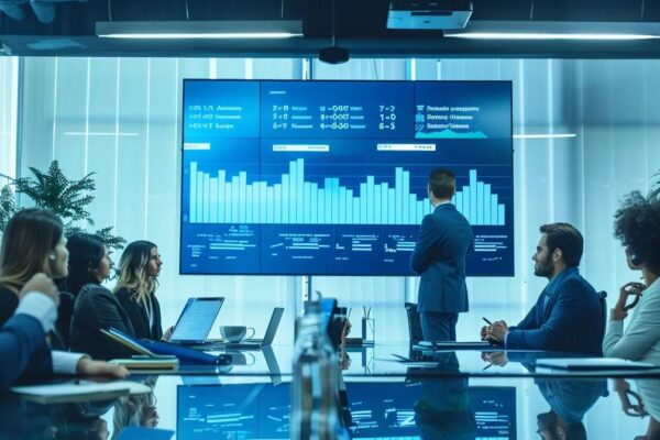 a sleek, modern office conference room showcases a diverse team engaged in a focused discussion, surrounded by digital screens displaying vendor evaluation metrics, emphasizing the critical importance of third-party risk management.