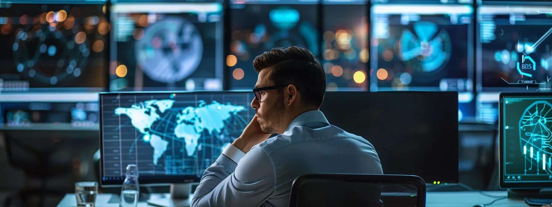 a sleek, modern office environment displays multiple high-resolution monitors showcasing vibrant visualizations of ai-driven security analytics data, with a professional analyst intently examining the complex threat landscape illuminated by soft, focused lighting.