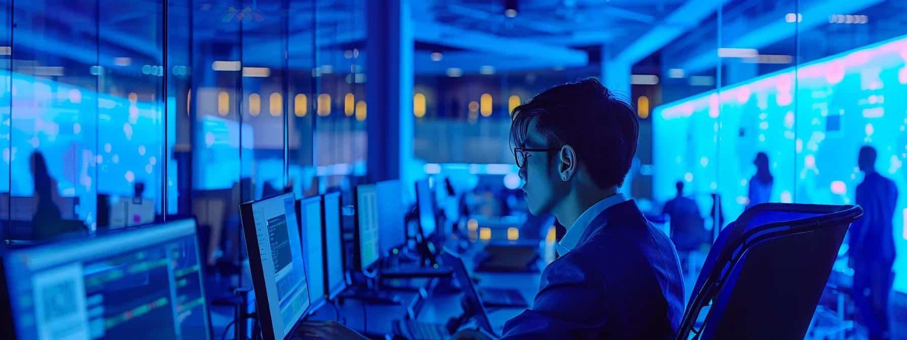 a sleek, modern office environment bathed in cool blue light showcases a cybersecurity analyst intently monitoring vibrant high-tech screens displaying security threats and data analytics, emphasizing the critical need for smbs to adopt advanced edr/xdr solutions in today's landscape.