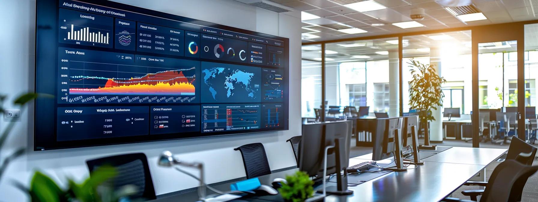 a sleek, modern office environment showcases a large digital dashboard displaying real-time metrics and data analytics of iot security systems, emphasizing the advanced technology and strategic insights that enhance threat detection and incident response.