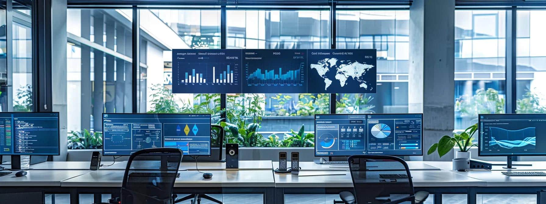 a sleek, modern office environment with multiple screens displaying real-time cybersecurity analytics and threat monitoring dashboards, highlighting advanced security strategies in action for remote workforces.