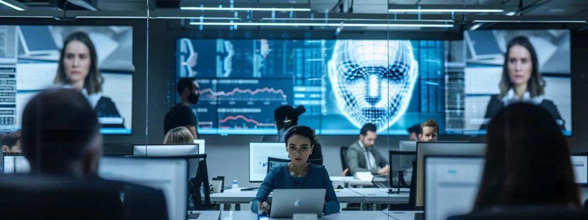 a sleek, modern office environment showcases a diverse team engaged in a collaborative session, surrounded by large screens displaying complex identity management systems and multi-factor authentication visuals, all illuminated by focused, cool-toned overhead lighting.