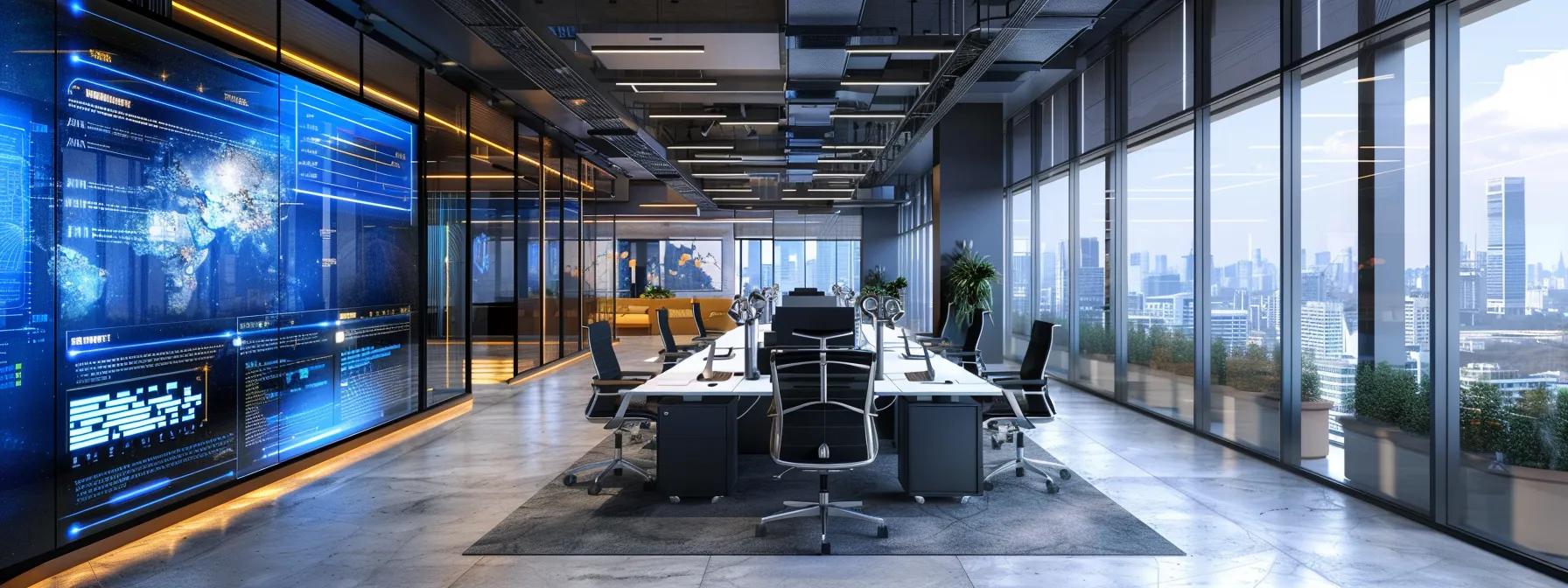 a sleek, modern office environment showcases a digital display wall featuring the core principles of zero trust architecture, with vibrant infographics illustrating concepts like continuous authentication, least privilege, and micro-segmentation, all under dynamic, ambient lighting that emphasizes security and innovation.