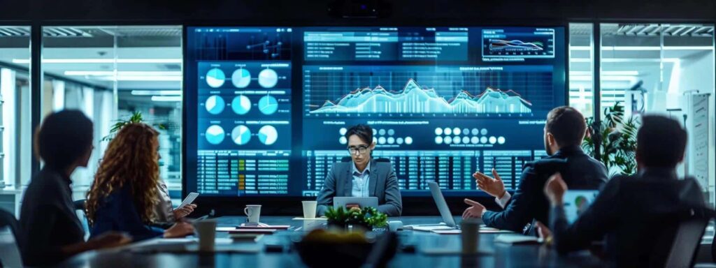 a sleek, modern office environment features a large digital display showcasing a vibrant ci/cd pipeline diagram, with diverse professionals engaged in a collaborative discussion around a high-tech conference table, emphasizing the integration of security in devops practices.