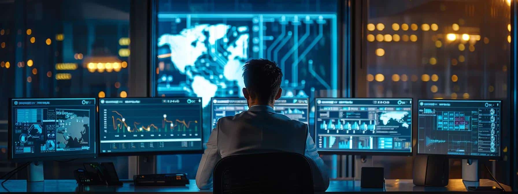 a sleek, modern office environment is illuminated by vibrant screens displaying complex cybersecurity data and vulnerability reports, while an ethical hacker intently analyzes a digital map of network vulnerabilities, emphasizing the collaborative impact of vulnerability scanning and penetration testing on security posture.