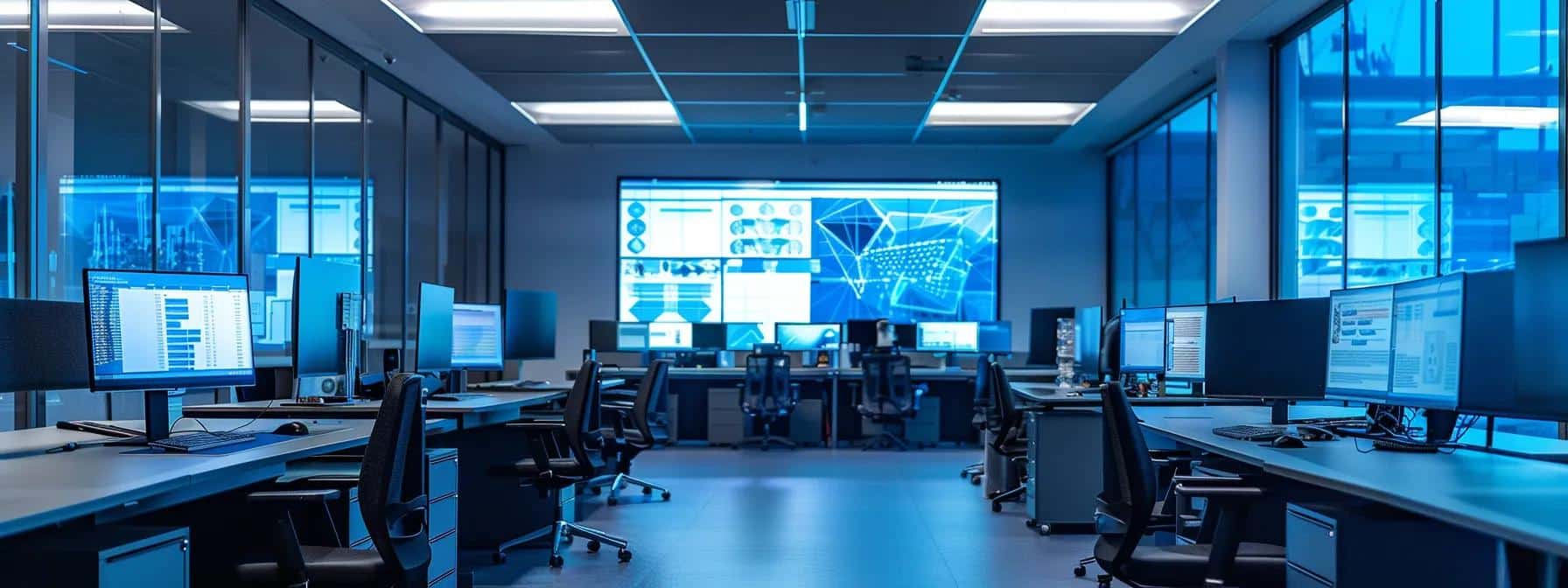 a sleek, modern office interior with multiple computer monitors displaying cybersecurity analytics, where focused professionals collaborate to enhance compliance protocols in an atmosphere of advanced technology and security vigilance.