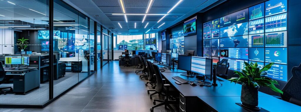 a sleek modern office is filled with high-tech monitoring screens displaying real-time security analytics, emphasizing a proactive approach to insider threat detection amidst a dynamic team of focused cybersecurity professionals.
