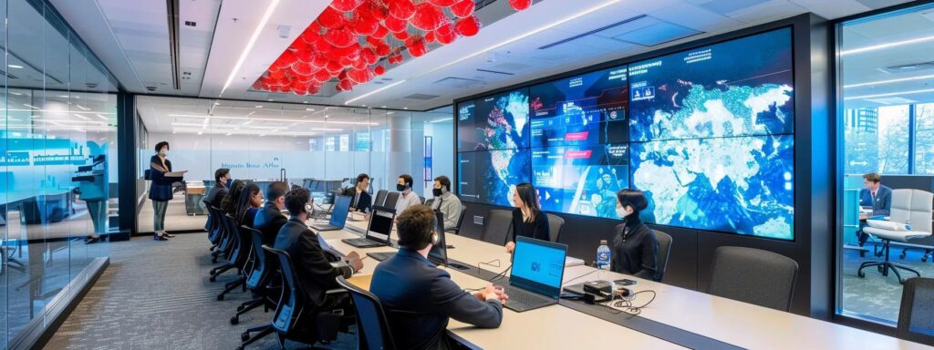 a sleek, modern office meeting room filled with cybersecurity professionals engaged in a dynamic discussion, illuminated by sharp overhead lighting that highlights a large digital display showcasing the concept of zero trust architecture.