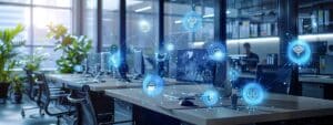 a sleek, modern office workspace featuring an array of interconnected iot devices secured by a digital firewall interface, radiating a sense of advanced technology and cybersecurity vigilance.