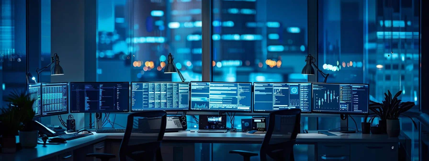 a sleek, modern office workspace illuminated by ambient blue lighting features multiple screens displaying real-time network traffic data and digital alerts, emphasizing the advanced capabilities of intrusion prevention systems in enhancing cybersecurity.