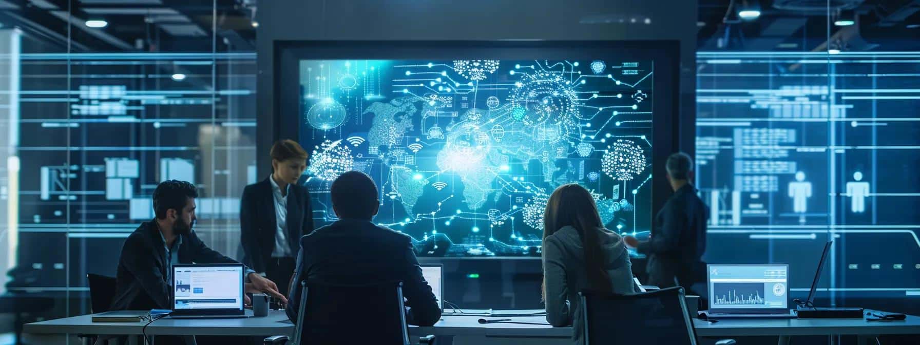 a sleek, modern office workspace showcases a large digital screen displaying complex data encryption processes, while professionals actively discuss strategies to overcome integration challenges and enhance cybersecurity measures.