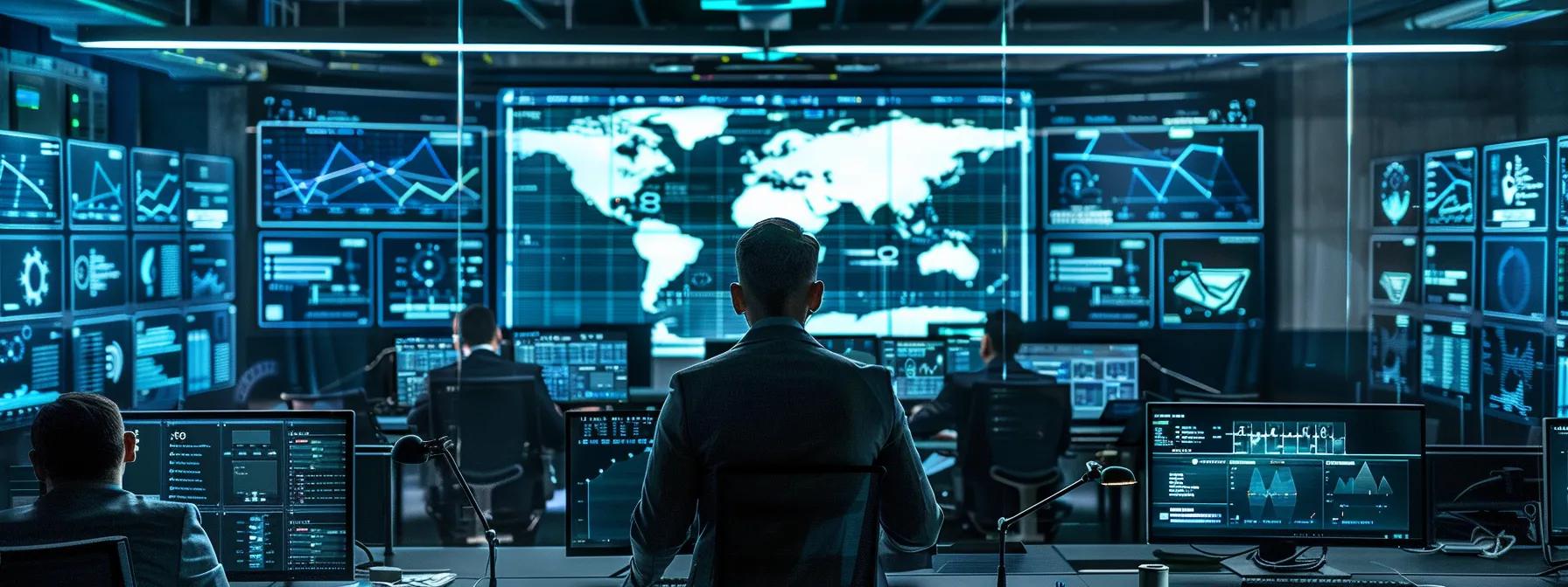 a sleek, modern security operations center filled with advanced monitoring screens and analytics dashboards, showcasing small business professionals actively collaborating to strategize and enhance their cybersecurity measures.