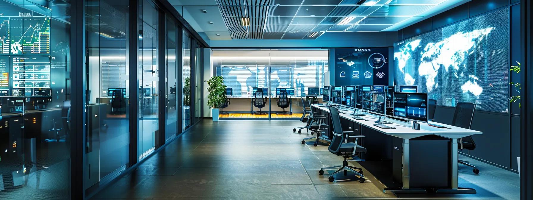 a sleek, modern security operations center filled with dynamic digital dashboards and screens displaying real-time security analytics, where attentive professionals monitor and manage threats in a high-tech urban office environment.