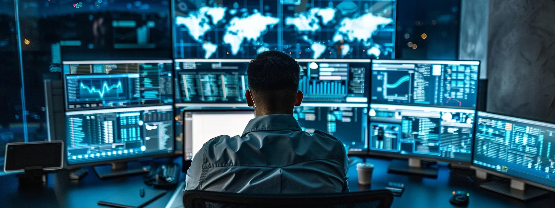 a sleek office environment showcases a focused cybersecurity analyst intently monitoring multiple high-resolution screens displaying real-time security metrics and incident trends, illuminated by the soft glow of modern led lighting, emphasizing a theme of vigilance and technological advancement in a small business's security operations center.