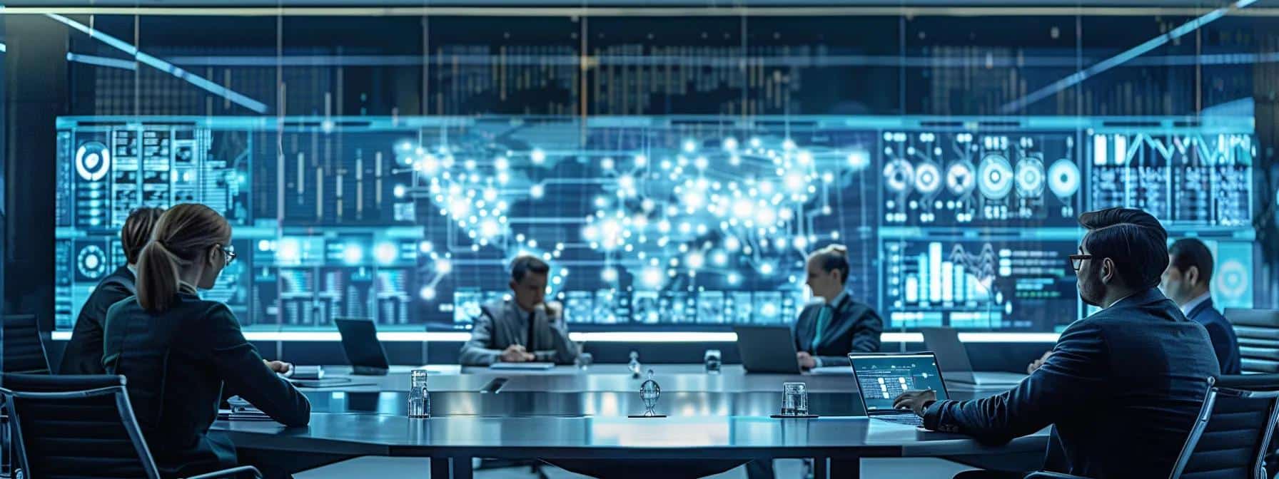 in a sleek, modern office, a focused team collaborates around a high-tech conference table, dissecting digital security strategies with interactive screens displaying zero trust architecture diagrams, conveying the practical implementation for small and medium-sized businesses.