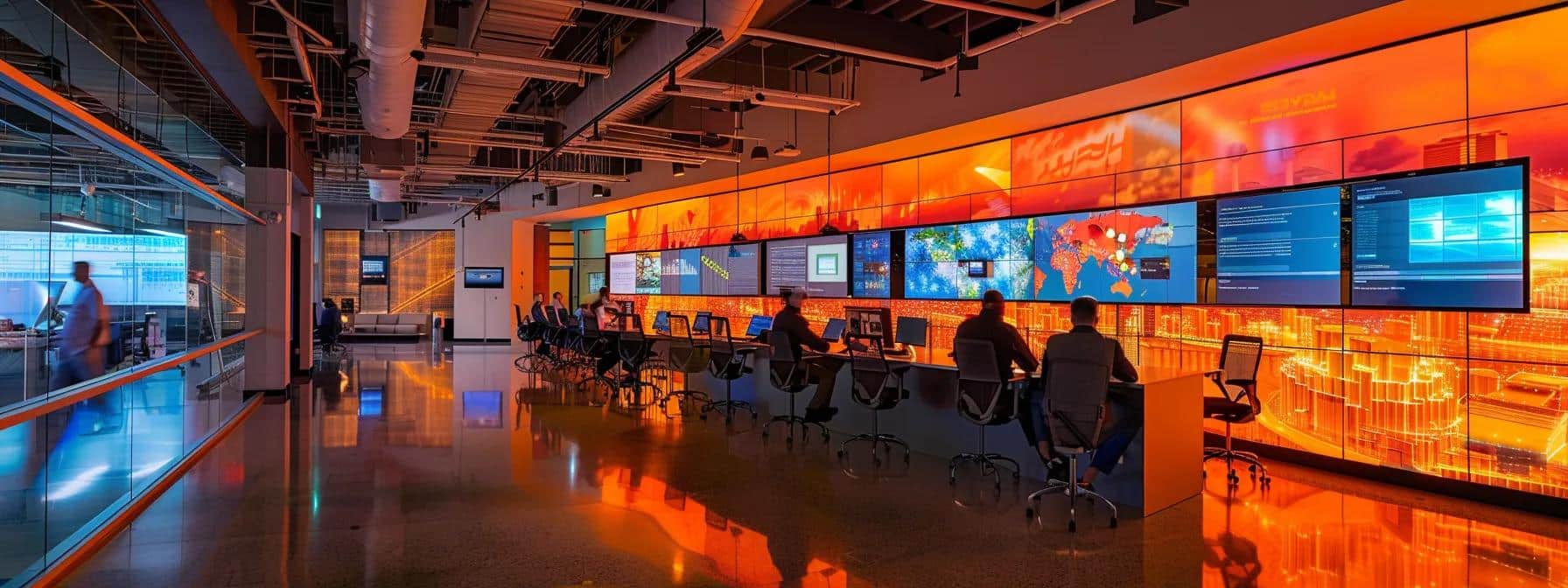 a dynamic office environment showcases it professionals collaborating over advanced server technology, illuminated by sleek, artificial lighting, emphasizing the importance of 24/7 support and operational efficiency.