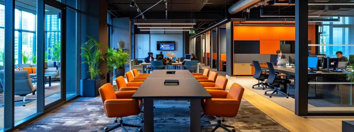 a dynamic office environment showcasing it professionals collaborating around a sleek table, surrounded by servers and digital displays, illustrating the enhancement of business cybersecurity through managed services.