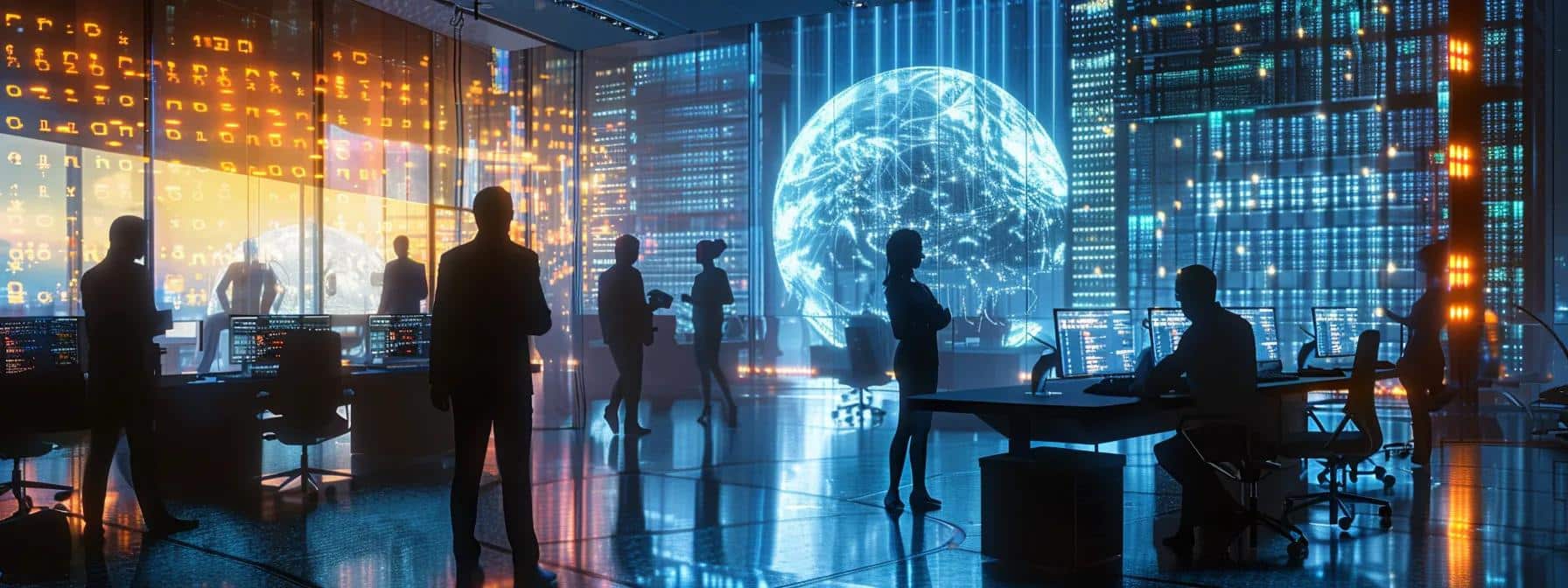 a dynamic office environment showcases a diverse team of it professionals engaging in a collaborative strategy session, with sleek servers and advanced technology integrated throughout the modern workspace.