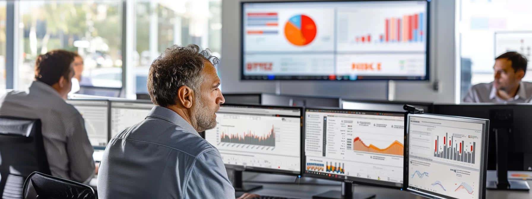 a dynamic office environment showcases it professionals collaborating around a vibrant centralized asset management dashboard, highlighting real-time analytics on servers and equipment performance while strategizing for optimized resource allocation and reduced downtime.
