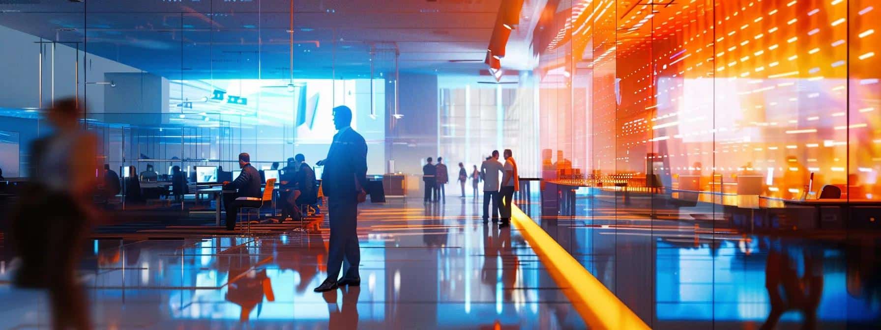 a dynamic office environment showcases it professionals actively collaborating around sleek workstations equipped with advanced servers, illuminated by vibrant led screens displaying real-time system performance dashboards, embodying the seamless integration of 24/7 it support into business processes.