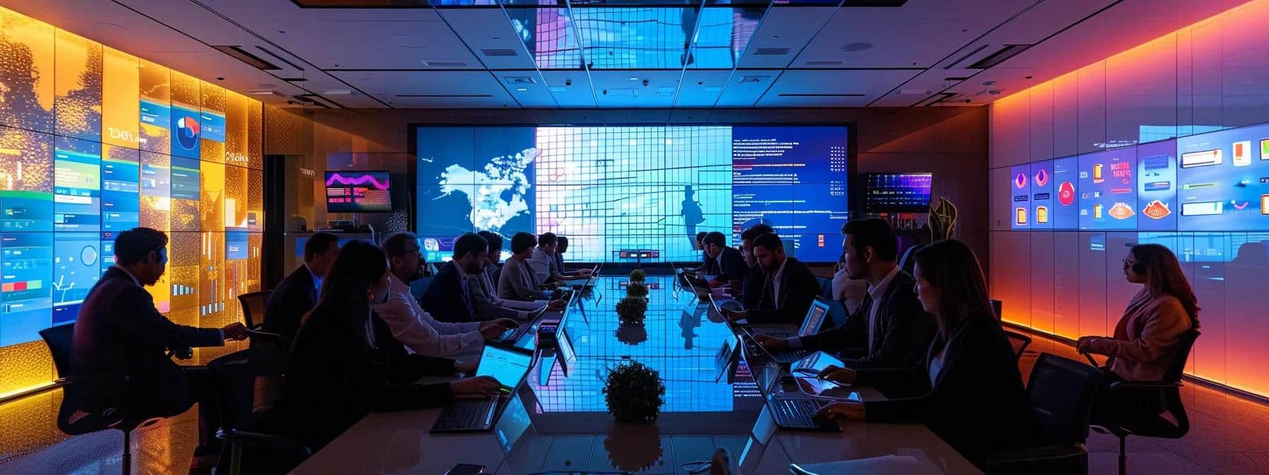 a dynamic office environment showcasing it professionals collaborating around a sleek conference table, analyzing data on laptops and discussing strategies for optimizing msp costs, with a backdrop of large screens displaying colorful graphs and service metrics.
