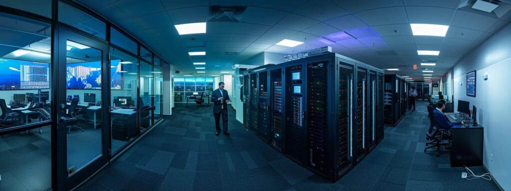 a dynamic office environment showcasing it professionals engaged in strategic discussions around advanced server equipment, illuminated by vibrant led displays highlighting data analytics and transformation solutions.