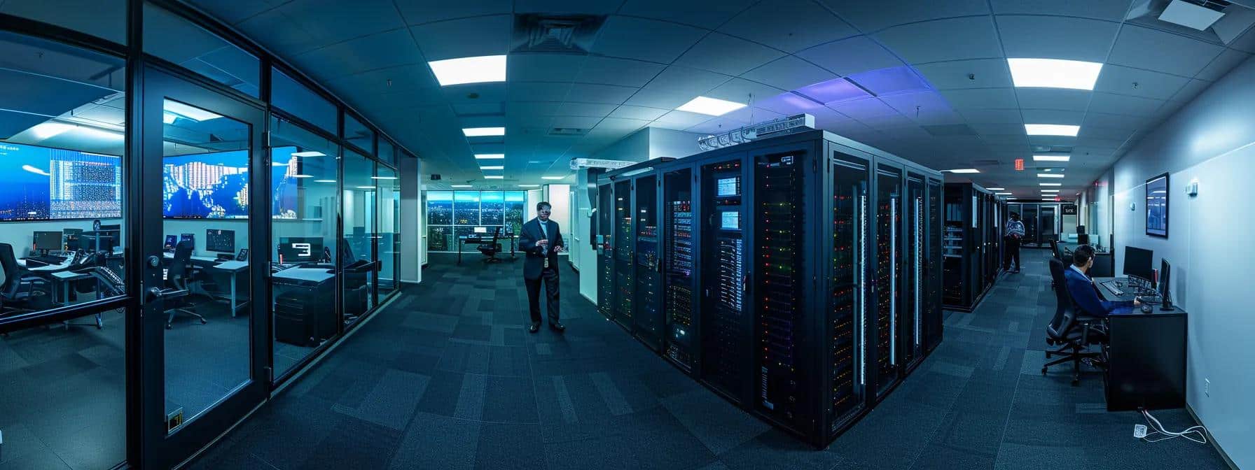 a dynamic office environment showcasing it professionals engaged in strategic discussions around advanced server equipment, illuminated by vibrant led displays highlighting data analytics and transformation solutions.