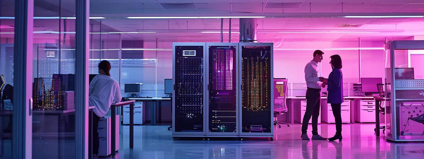 a dynamic office environment showcases it professionals collaboratively analyzing complex data on multiple screens while configuring advanced security software in front of a sleek server rack, emphasizing a proactive approach to risk management.