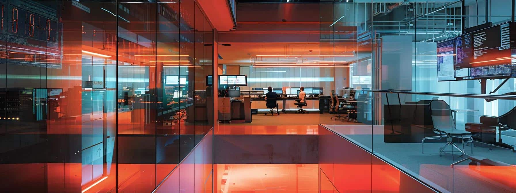 a dynamic office environment showcases it professionals collaborating over a digital dashboard displaying real-time server analytics, illuminated by sleek overhead lighting that enhances the high-tech ambiance of continuous 24/7 it support.