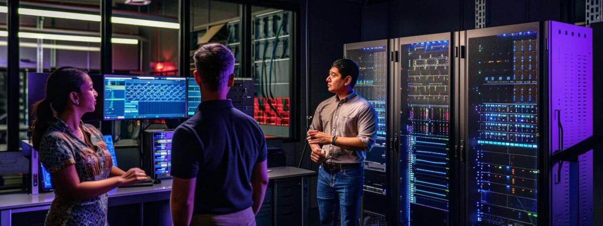 a dynamic office scene depicts it professionals engaged in vibrant discussions around advanced server equipment, highlighting the critical decision-making process of selecting a managed service provider.