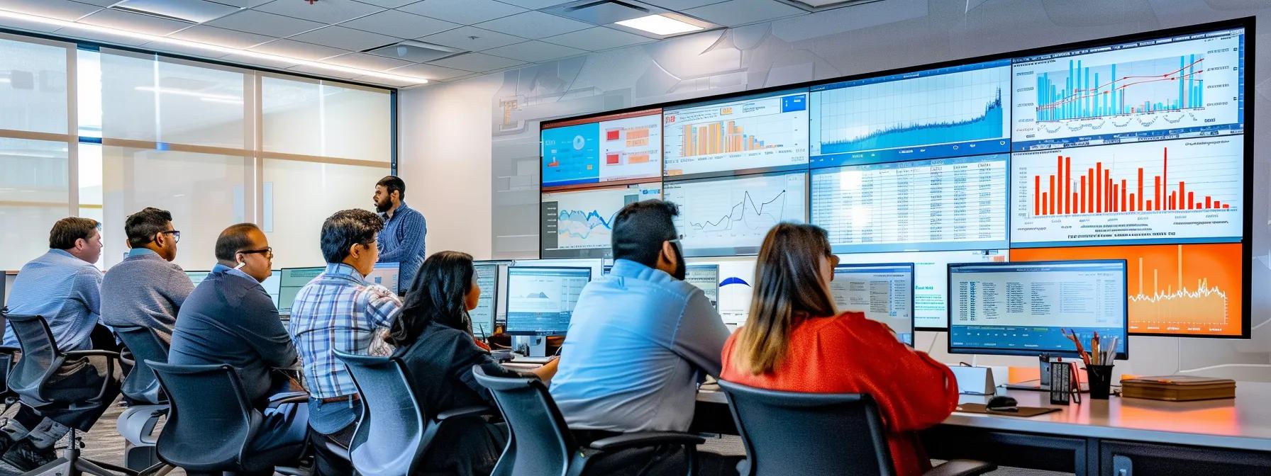 a dynamic office scene showcases a diverse team of it professionals collaborating around a high-tech server setup, illuminated by sleek overhead lighting, as they analyze data on screens displaying cybersecurity metrics and system performance graphs.
