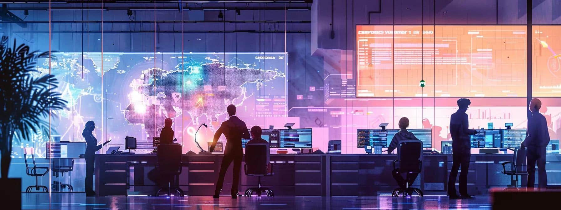 a dynamic office setting features diverse it professionals collaborating around advanced network servers, illuminated by soft overhead lighting, showcasing high-tech equipment and a large screen displaying digital analytics, symbolizing the robust it solutions and strategic partnerships offered by cyber command.