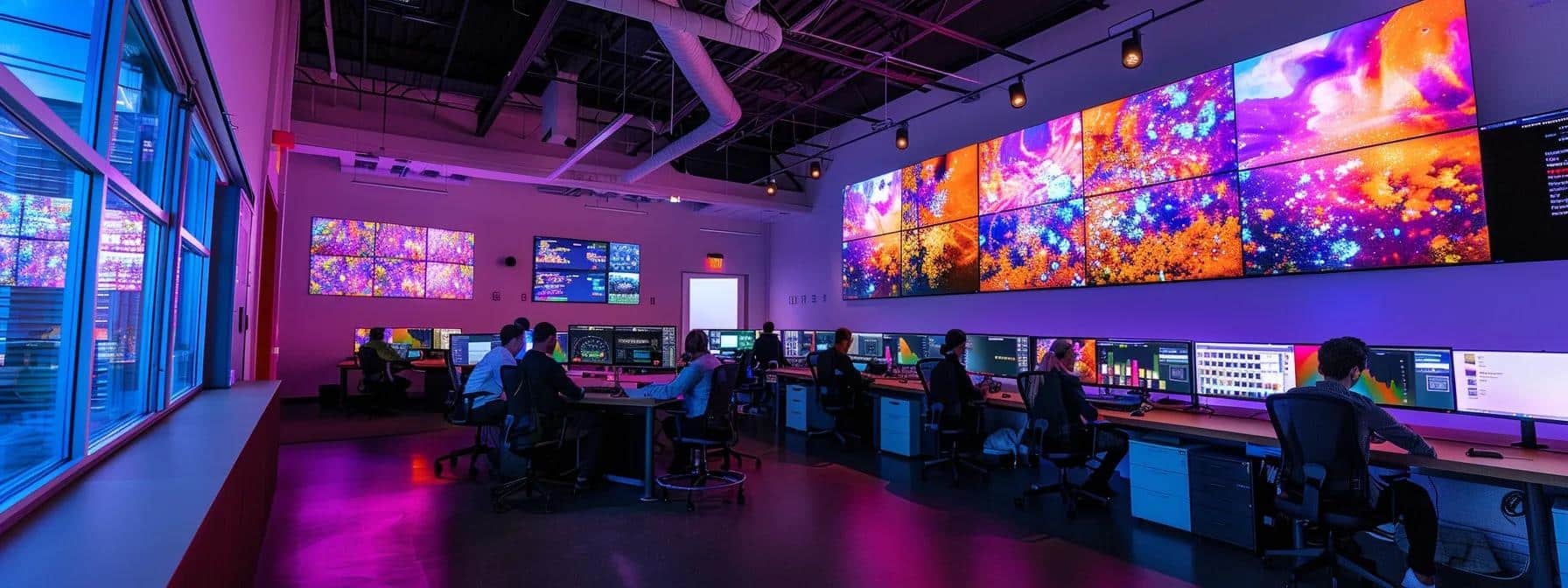 a dynamic office setting showcases a diverse team of it professionals engaged in collaboration around advanced server technology, illuminated by the glow of multiple screens displaying real-time data analytics and compliance dashboards, emphasizing a proactive approach to risk management and regulatory adherence.