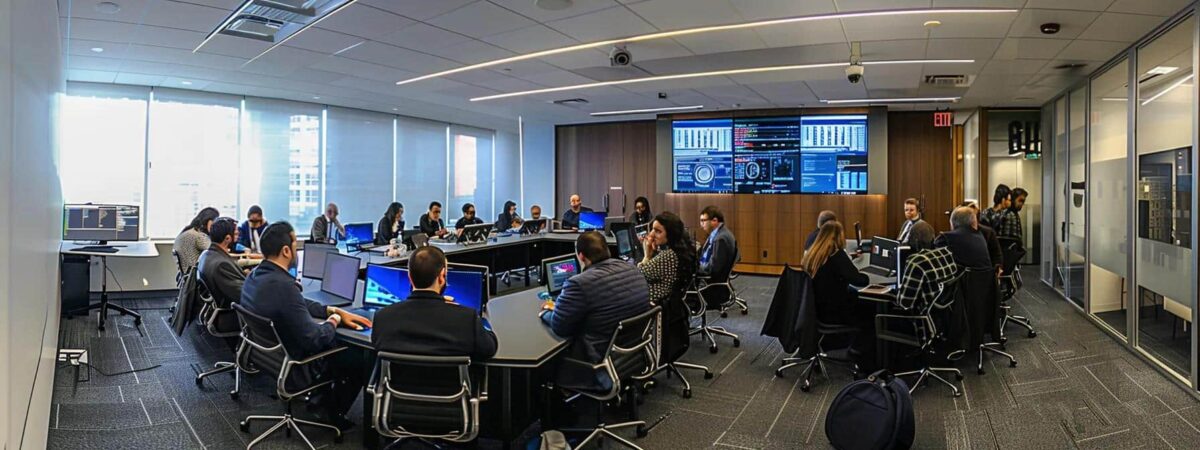 a dynamic office setting showcases a diverse group of it professionals engaged in a collaborative discussion around a sleek, modern conference table, with high-tech servers and monitors displaying complex data in the background, emphasizing the crucial dynamics of it support costs.