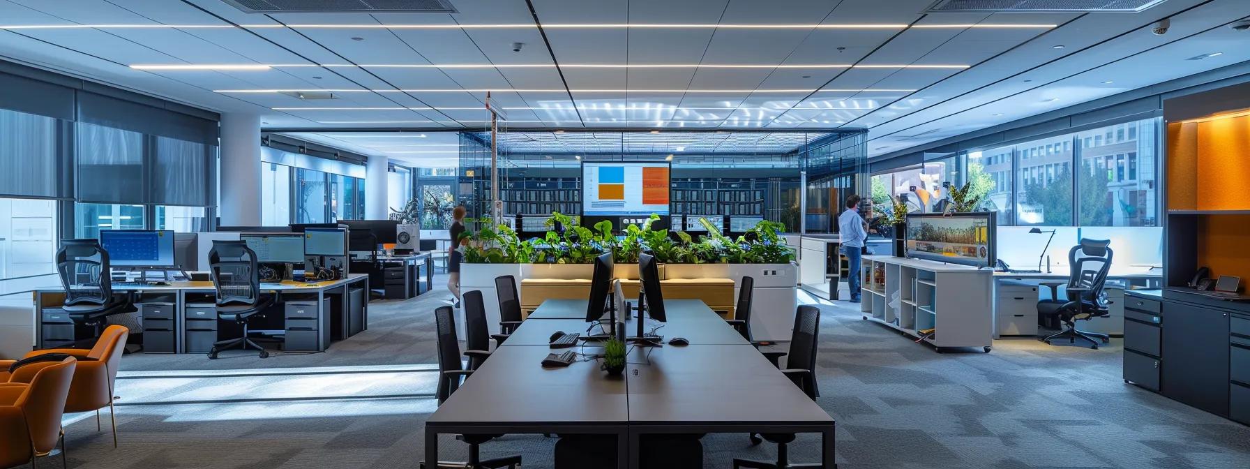 a dynamic office setting showcases it professionals collaborating around sleek servers, with screens displaying cybersecurity analytics, emphasizing the robust efficiency and regulatory compliance afforded by managed it services for small businesses.