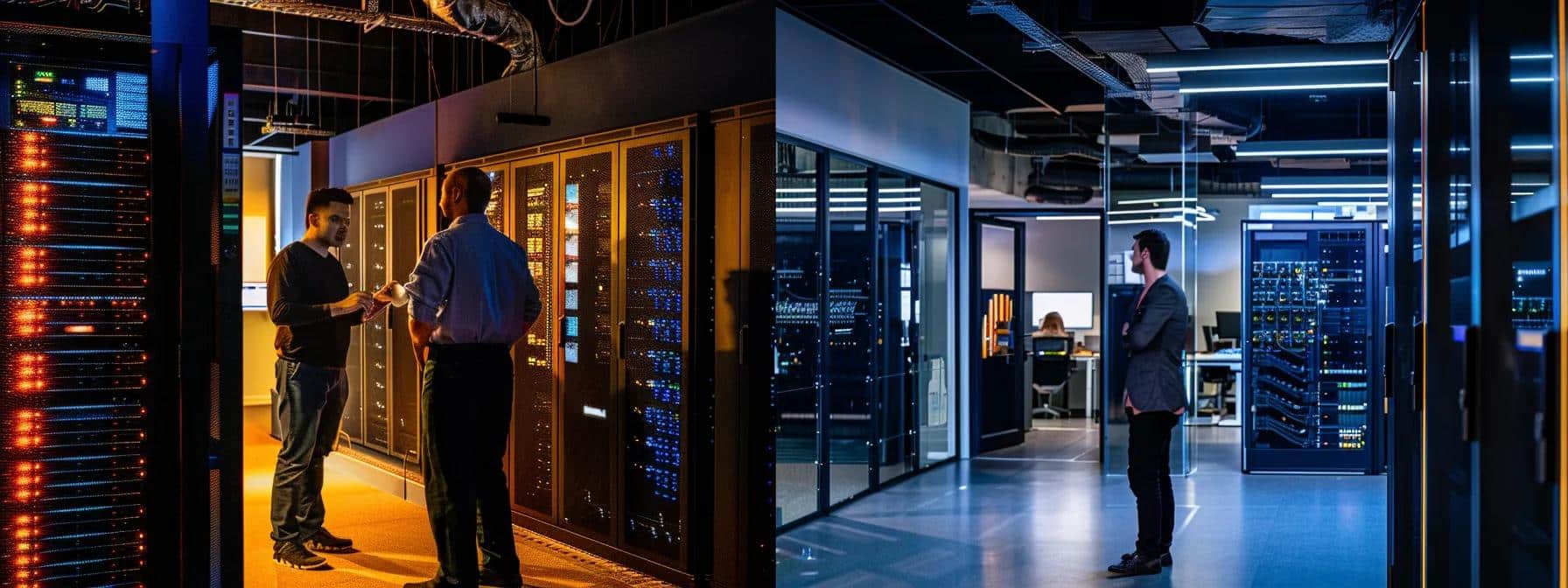 a dynamic office setting showcases a diverse team of it professionals collaborating around advanced server equipment, illuminated by sharp overhead lighting, as they strategize security measures and proactive risk management solutions against cyber threats.