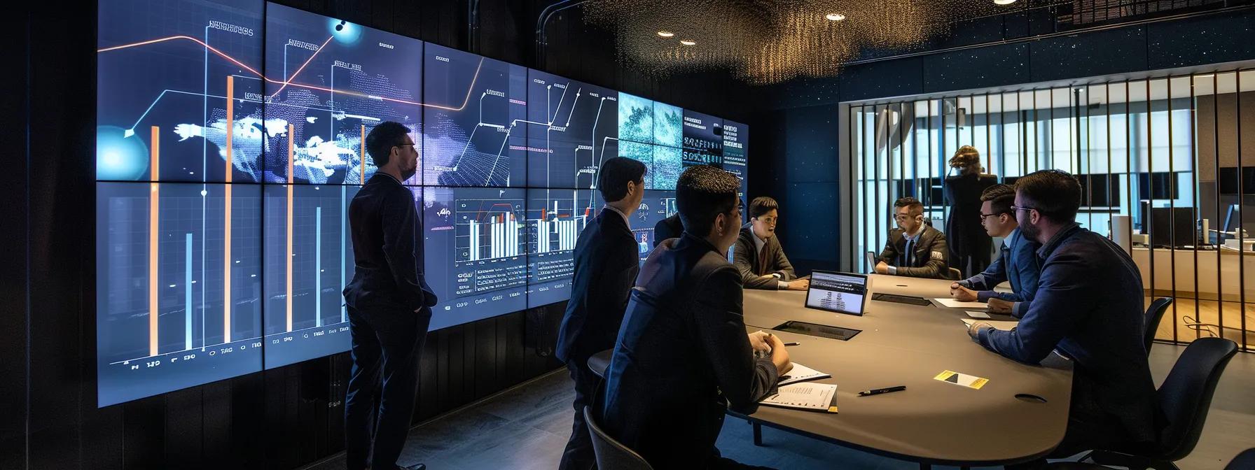 a dynamic office setting showcases it professionals engaged in a collaborative discussion around a sleek conference table, with vibrant charts and graphs displayed on a digital screen, emphasizing tailored cybersecurity strategies for local businesses.