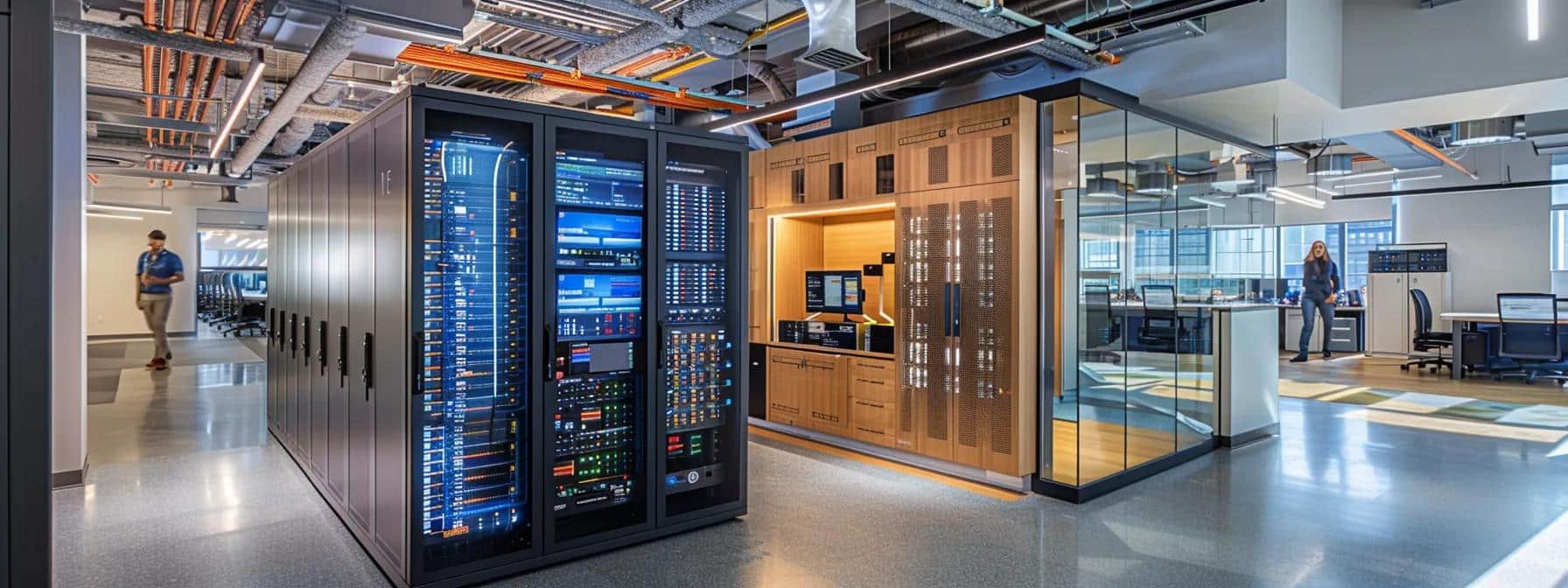 a dynamic urban office scene showcases a diverse team of it professionals intently collaborating around a large digital display, analyzing real-time performance data while sleek server racks hum in the background, emphasizing the round-the-clock efficiency of continuous it support.