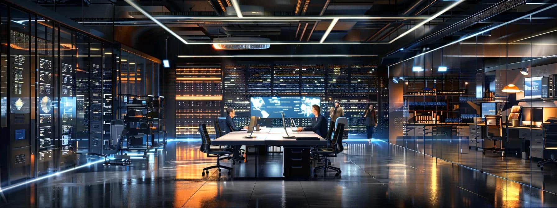a dynamic urban office scene depicts a team of focused it professionals collaborating around a sleek conference table, surrounded by glowing server racks and digital screens, emphasizing the importance of uninterrupted it care in reinforcing client trust and business reputation.