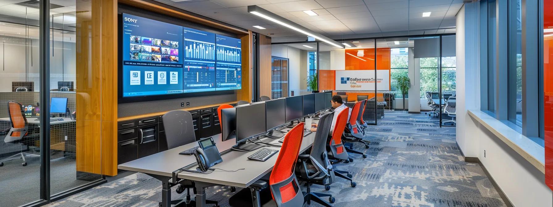 a focused office setting showcases a diverse team of it professionals collaboratively analyzing a detailed msp pricing comparison grid on a large digital display, surrounded by advanced servers and cybersecurity tools, emphasizing the strategic factors influencing managed service provider costs.