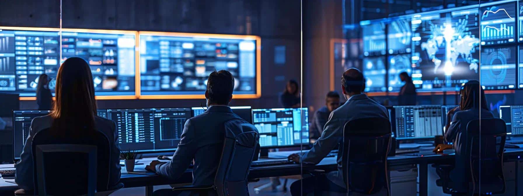 a modern, bustling office environment showcases it professionals collaborating around sleek computer workstations, analyzing data on multiple monitors while discussing strategies to optimize it support and reduce costs.