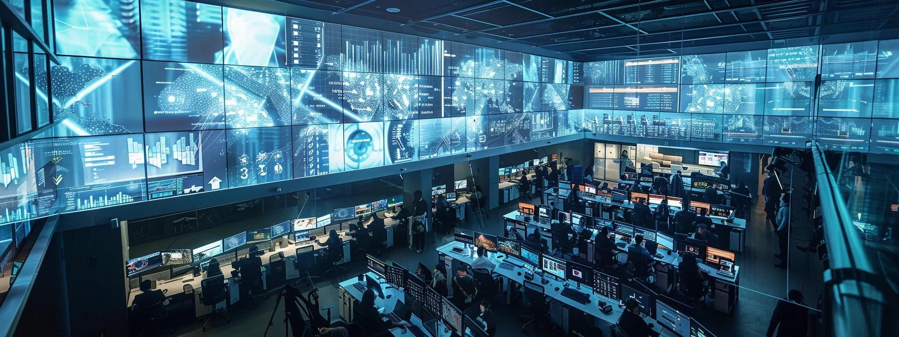 a modern, bustling office space showcases it professionals collaborating intensely around advanced servers and digital screens, highlighting the dynamic environment where proactive managed services enhance business productivity and operational efficiency.